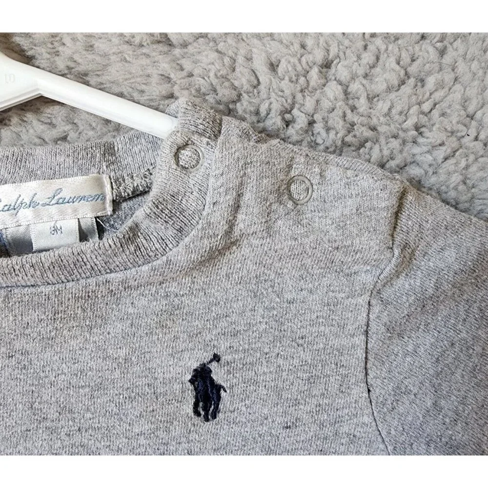 Ralph Lauren‎ Gray Snap Buttons Shoulder Pony Logo T Shirt Baby Size 6 Months